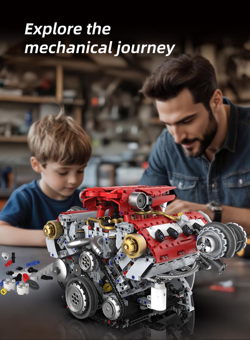 【3160 PCS】Ferrari-Style Motorized V8 Engine Model Building Kit, with APP Control & LED Lights