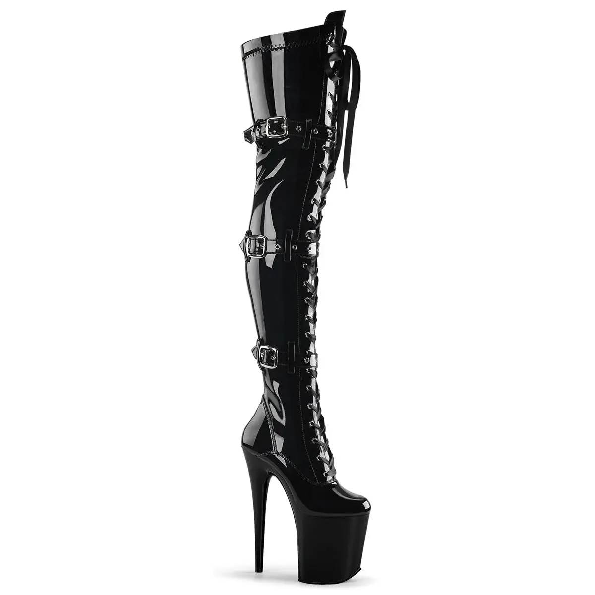 Women's Stiletto Thigh-High Lace-Up Footwear - Black Stretch Patent, 8" Heel, 4" Platform, Buckle Straps, Body-Hugging Fit for Parties