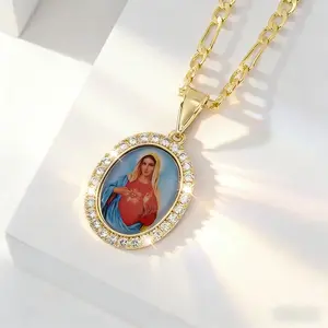 1pc Virgin Mary Necklace - 14K Gold Plated Religious Pendant with Cubic, Virgin Mary & Suitable for  Daily Wear or Gift, Vintage Catholic Jewelry