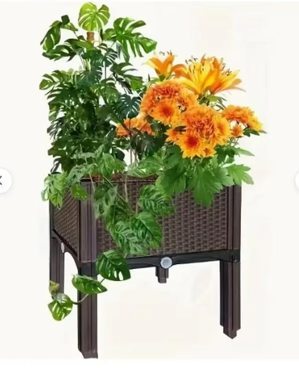 Modular Size Snap-Together Elevated Planter Box with Legs, Black Woven-Look Plastic Raised Garden Bed, Lightweight Durable Outdoor Container for Flowers, Vegetables