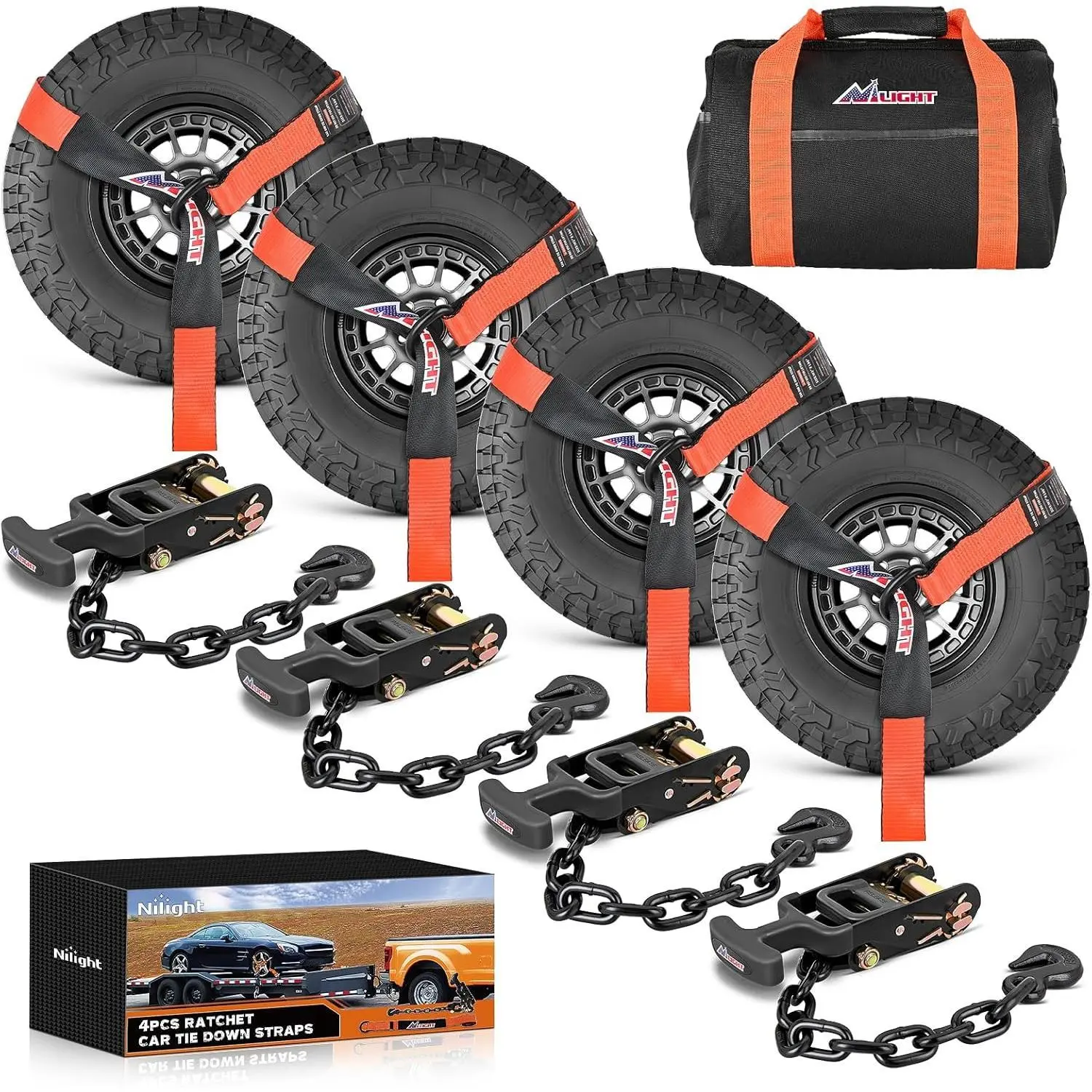 Nilight High-Strength UV-Resistant Polyester Car Tie Down Straps, 4-Pack 2in x 96in Versatile Lasso-Style with Double J Chain Hooks, 3674 lbs SWL, Storage Bag for Trucks, UTV, Agriculture Use (Orange)