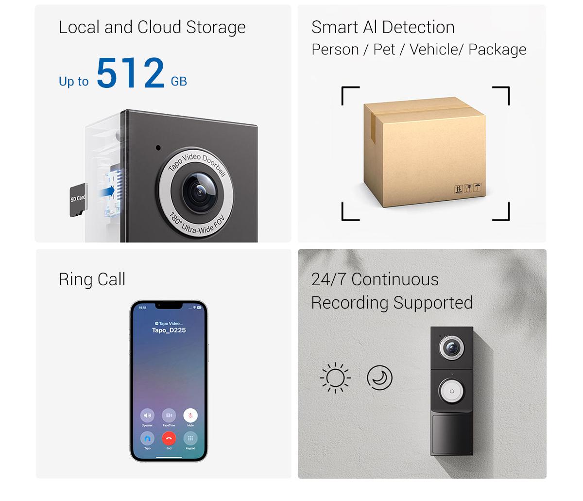 TP-Link & Tapo D225 Smart Video Doorbell Camera with Chime | 2K QHD, 180° Head-to-Toe View, Battery or Hardwired, Color Night Vision, FREE Person/Package/Vehicle AI Detection, Ring-Call, 24/7 Local Storage(No Monthly Fee) Home Security System