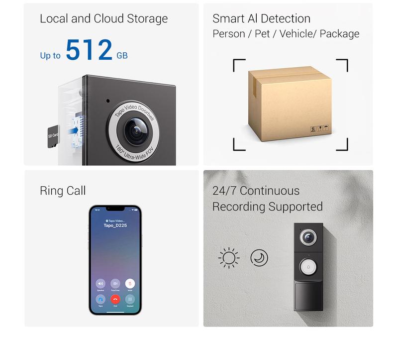 TP-Link & Tapo D225 Smart Video Doorbell Camera with Chime | 2K QHD, 180° Head-to-Toe View, Battery or Hardwired, Color Night Vision, FREE Person/Package/Vehicle AI Detection, Ring-Call, 24/7 Local Storage(No Monthly Fee) Home Security System