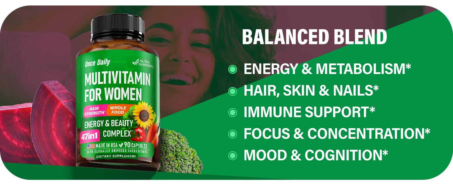 47-in-1 Multivitamin Complex for Women: B-Complex, Whole Foods, Hair Growth Support, Digestion & Metabolism, Iron. Vegan, Bioavailable & Gentle on Stomach. Made in USA. 90 Capsules