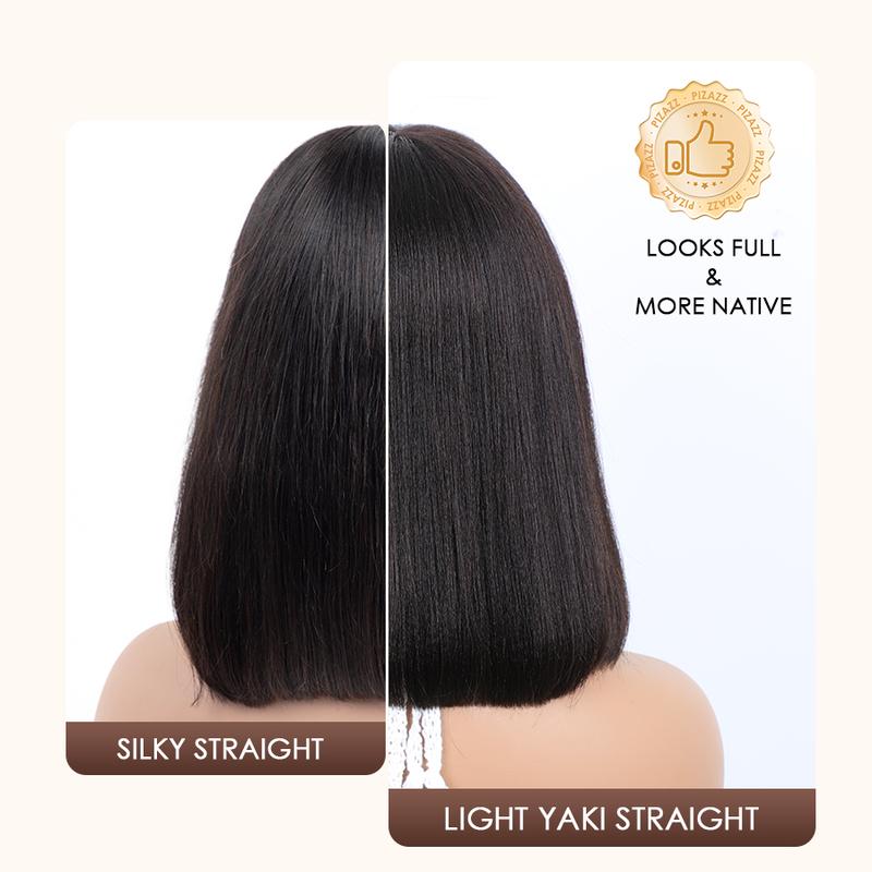 Pizazz Hair Glueless Layered Cut Yaki Straight Short Bob Wig with Drawstring 220% Density Pre-cut 5x5 HD Lace Human Hair Wigs with Bleached Knots Pre Plucked Natural Hairline