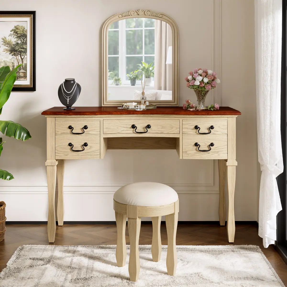 [Bellemave]46"  Vintage Makeup Vanity with  Curved Flower Frame Mirror, Elegant Dressing Table with 5 Drawers and Leather Stool, Vanity Desk with Solid Wood Legs and Antique Handles for Bedroom