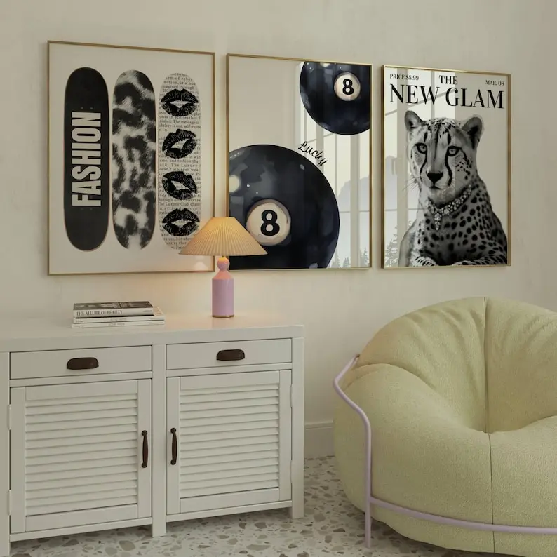 Black and White poster, Stockholm Set of 3 Prints, Trendy wall art, Skateboard print, bed decor leopard wall art Teen Girl Bedroom Decor