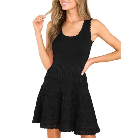 Wenrine Women’s Sleeveless Crew Neck A-Line Chic Knitted Cotton-Nylon Summer Mini Sundress - Stretchable, Flowy, Lightweight, Breathable Fabric, Crochet Hem, Casual Outdoor Wear, Do Not Dry Clean