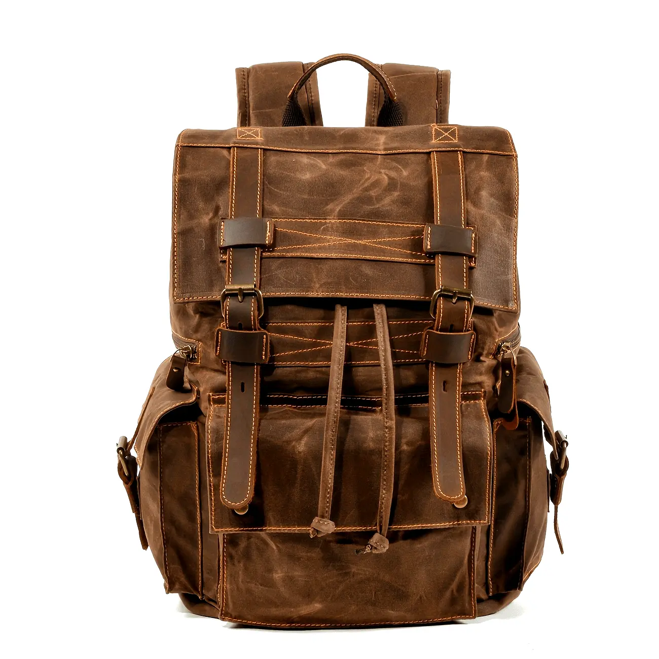 Men's Vintage Waxed Canvas & Crazy Horse Cow Hide Backpack - Organized, Multi-Compartment, Lightweight, Anti-Scratch, Tear-Resistant, Adjustable Daily Laptop Bag with Laces, Multiple Pockets (15.4Lx3.9Wx17.7H) for Father, Holiday Use