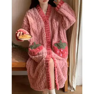 Women's Fleece Coral Fleece Long Nightgown - V-neck Button Design with Pockets, Comfortable Winter Homewear, Christmas Thanksgiving Mother's Day Gift, Machine Washable Casual Wear Womenswear Loungewear