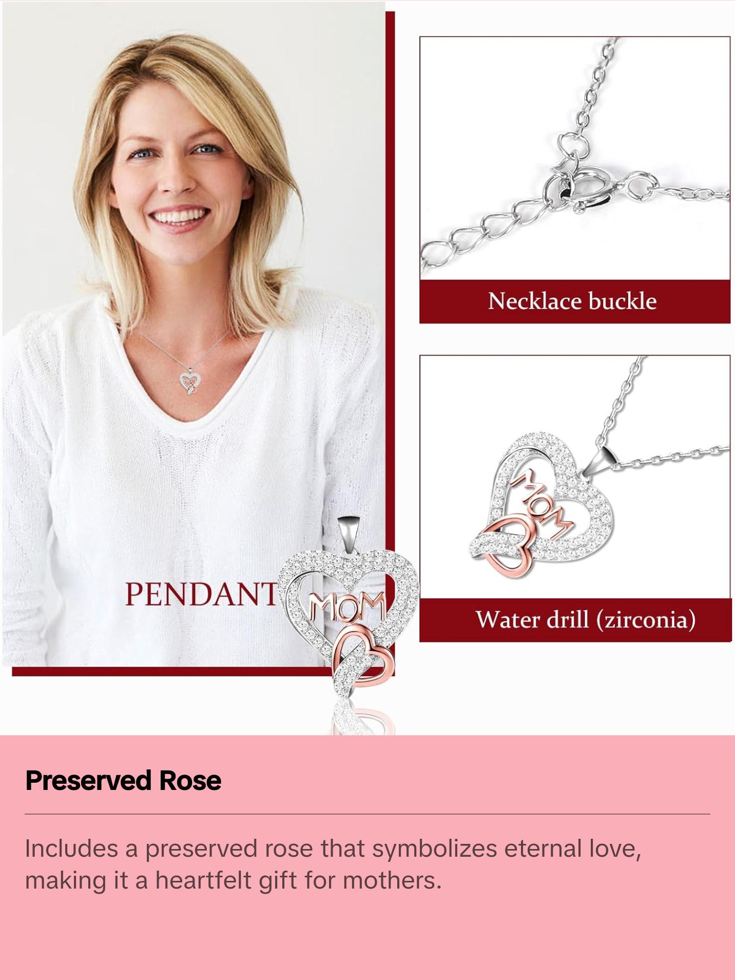 IDFALKFD Preserved Rose Gifts Set includes 925 Sterling Silver Necklace with Heart and Mom Jewelry Design, Mothers Day Birthday Christmas Valentines Gifts for Mom from Daughter and Son