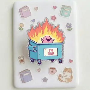 Magneticphonegrips “I’m Fine” Dumpster Fire Meme Phone Grip, Dark Humor Aesthetic Kindleholder Accessory Funny Anxiety Gift for Adults