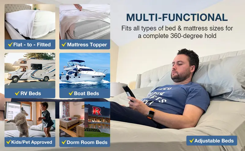 Product Introduction of Bed Scrunchie 3-in-1 Adjustable Bed Sheet Straps & Fasteners – 360° Elastic Fitted Sheet Tightener with Heavy-Duty Anti-Slip Clips – Prevent Loose or Slipping Sheets – Universal Bed Sheet Holder for Deep, Extra-Deep, Pillow-Top & Adjustable Mattresses 47