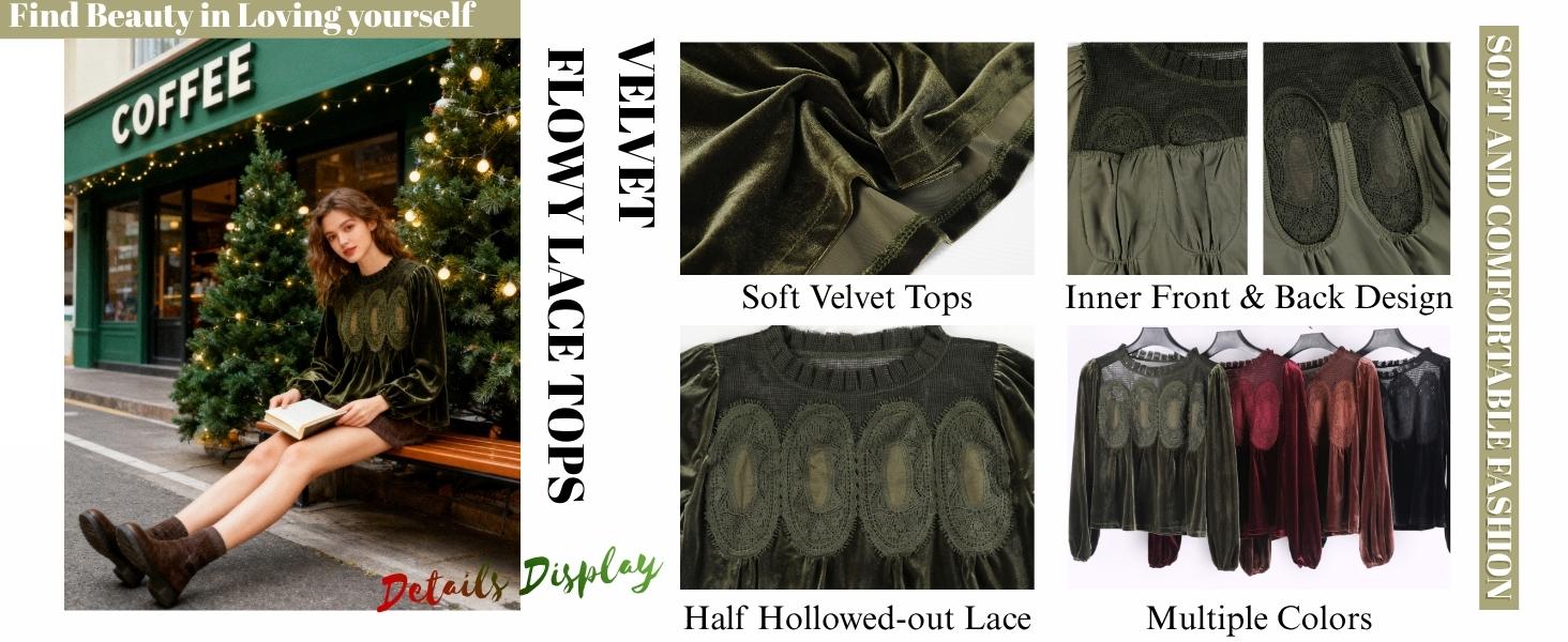 Yeokou Women's Long Sleeve Velvet Trim Lace Blouse Elegant Flared Swing Top Round Neck Casual Wear for Parties Weddings Dinners Office Dates