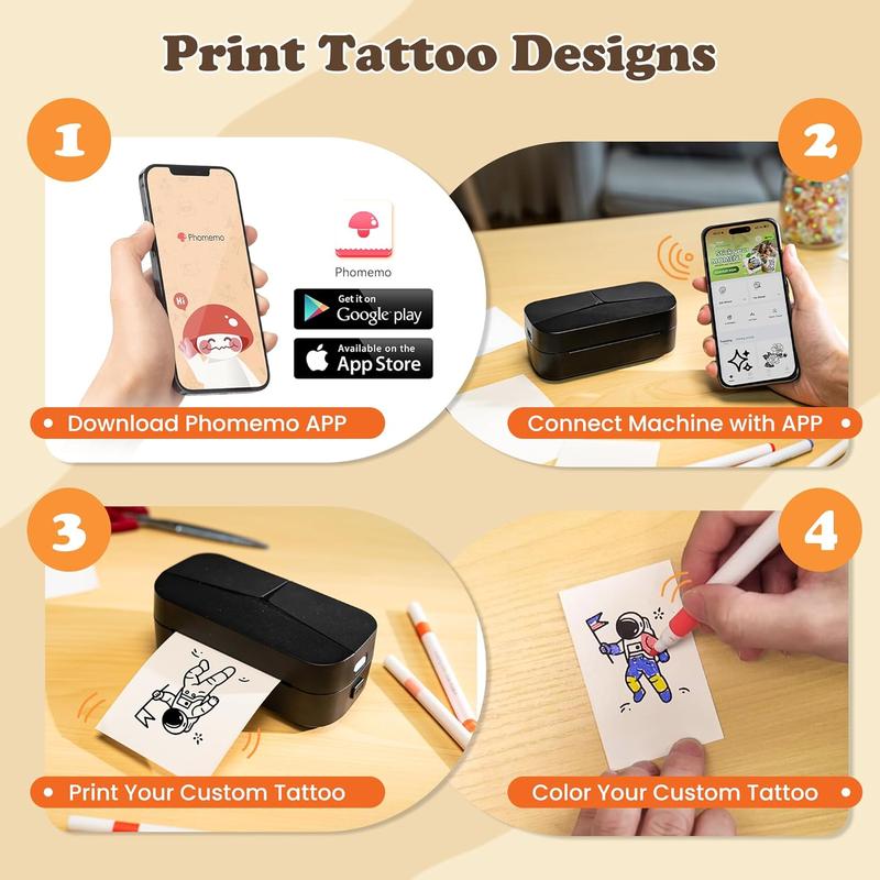 Phomemo DIY Temporary Tattoo Maker, TK32 Tattoo Maker for Kids & Adults, Create Custom Temporary Tattoos, DIY Tattoo Sticker Kit with 50 Papers & 8 Markers, Perfect for Parties, Events, Gifts & Creative Fun, Black