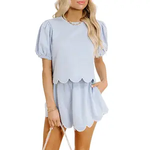 Znacicc Trendy Beau Blue Skort Set for Women Puff Sleeves Pearl Trimmed Scallop Hem Coordinating Shorts Ideal for Resort Wear Stylish Weekend Looks - Womenswear