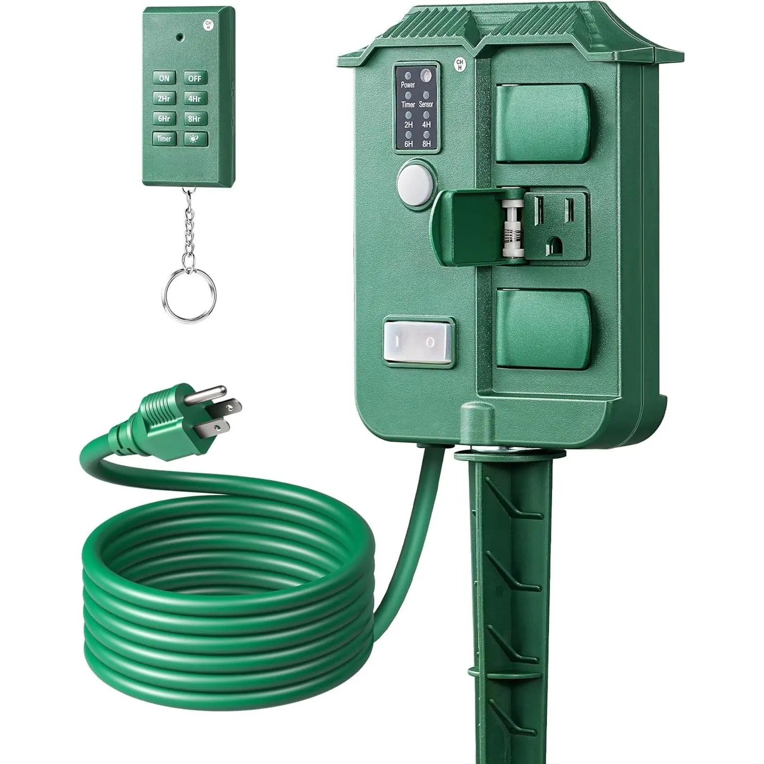 KF Roam  Outdoor Power Stake Timer Waterproof, 100FT Wireless Remote Control, 6 Grounded Outlets, 6FT Extension, Photocell Dusk to Dawn for Lights, Garden, UL Listed
