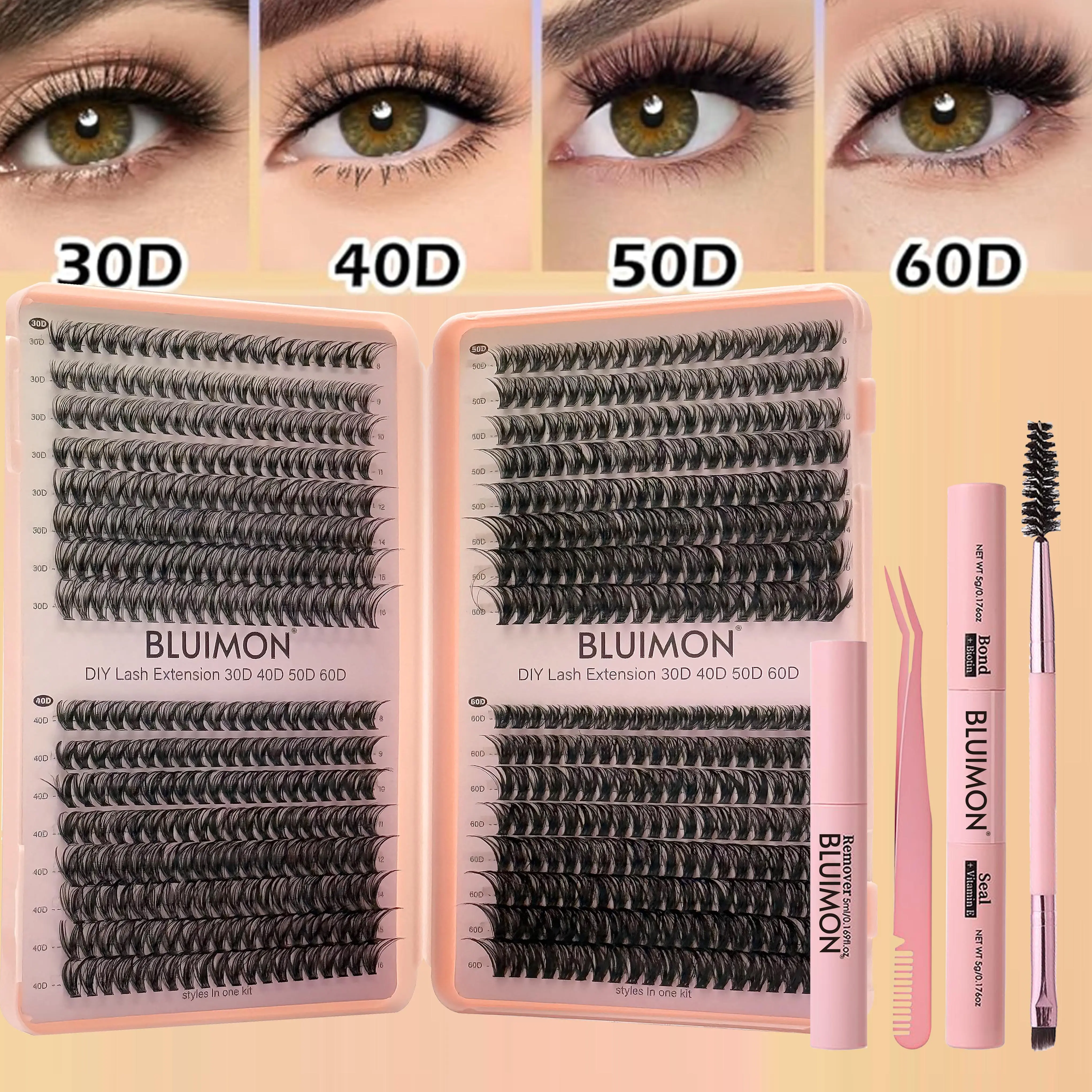 BLUIMON Professional Individual Lash Extension Kit, 30D-60D Thick Volume False Eyelashes with All Tools, Easy Application for Salon-Quality Results at Home