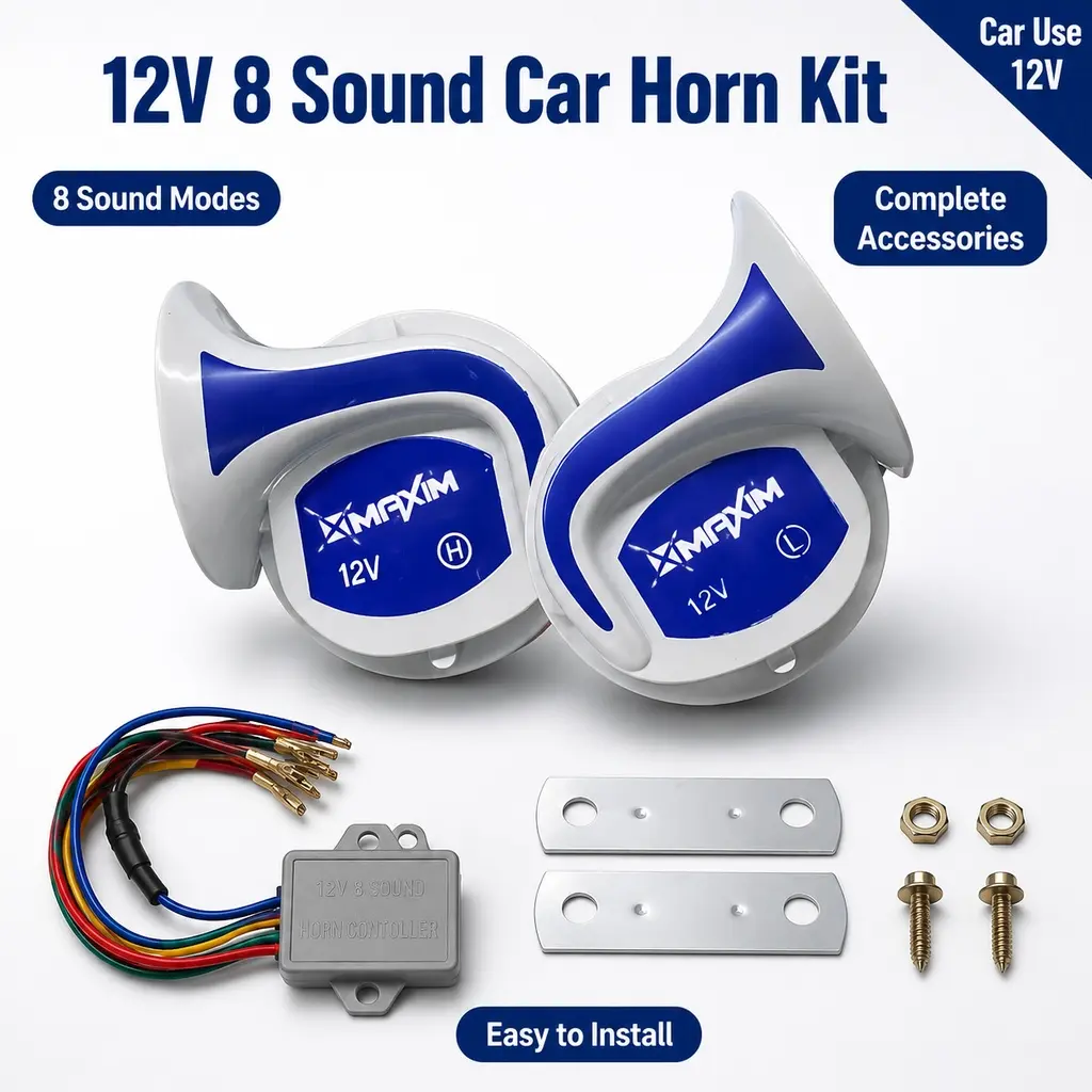 12V 8-channel multi-tone snail speaker kit, dual high/low speakers for motorcycles and cars, complete set with control module, wiring harness, and mounting brackets, suitable for cars, motorcycles, electric vehicles, SUVs, modified vehicles, and more.