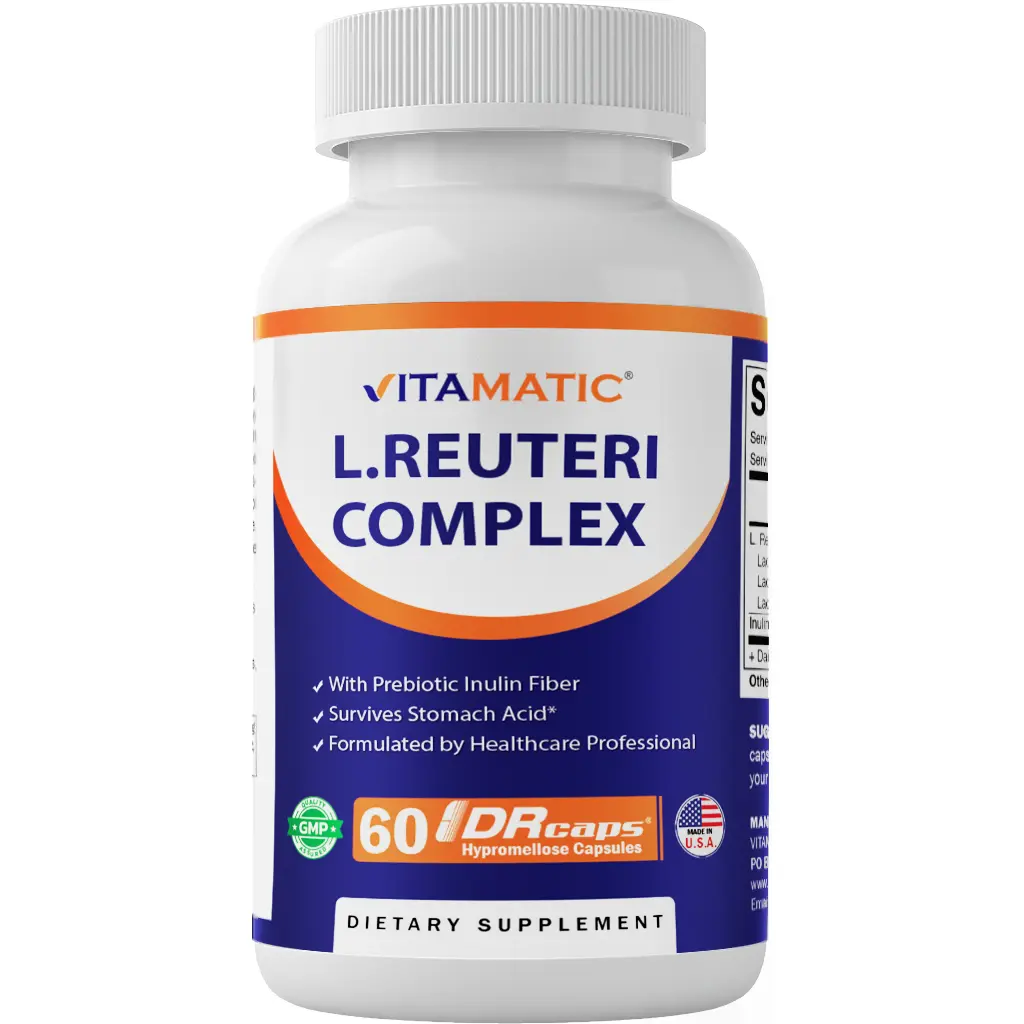 Vitamatic Lactobacillus Reuteri Complex Dietary Vitamin Supplement Capsules - 22B CFU per DR Capsule, 60 Count, GMP-Certified, Digestive Support, Prebiotic Inulin Fiber, Lactobacillus Acidophilus, Acid-Resistant, Gluten-Free, Soy-Free