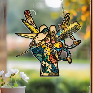 Hair Stylist Stained Glass Style Window Hanging – Acrylic Scissor Comb Sun Catcher Decor for Salon, Barber Shop Ornament