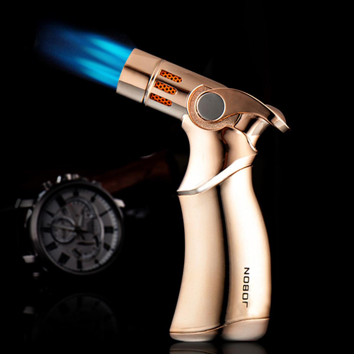 Multi-Color Luxury Metal Windproof Torch Lighter, 4 Jet Flame Refillable Butane Lighter with One-Hand Ignition, Portable Pocket Size for BBQ Camping Candle Daily Use, Available in Gold Silver Blue Black, Ideal Gift for Men (Butane Fuel Not Included)