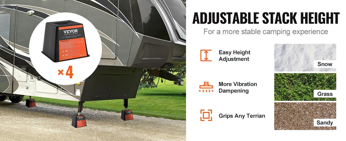 VEVOR Trailer Jack Block, TikTokShopBlackFriday, 6000 lbs Capacity per RV Leveling Block, High-quality Polypropylene RV Camper Stabilizer Blocks, RV Travel Accessories Use for Any Tongue Jack, Post, Foot, 5th Wheels, 4-Pack