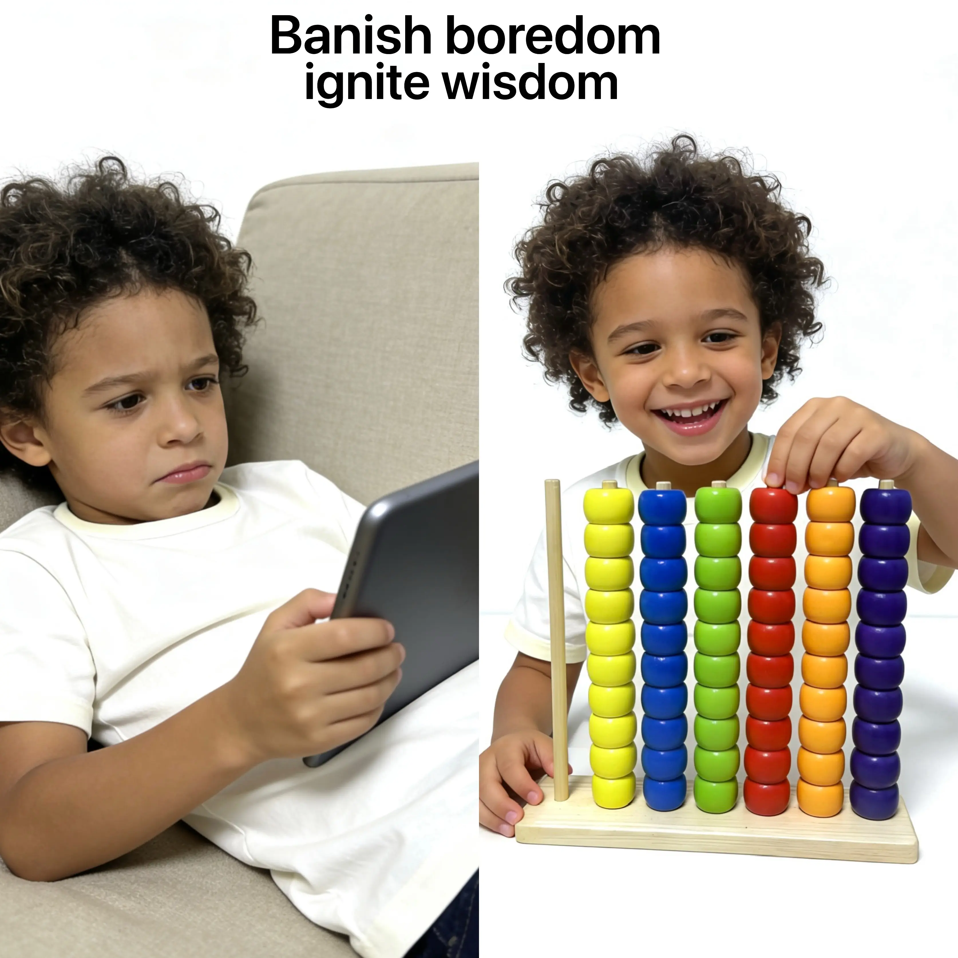 Large unisex multi-size colorful wooden bead stacking game, busy board color-matching puzzle toy for toddlers, includes 2 wooden stacking stands and 120 beads, 54 playing card–style challenge cards, suitable for parties