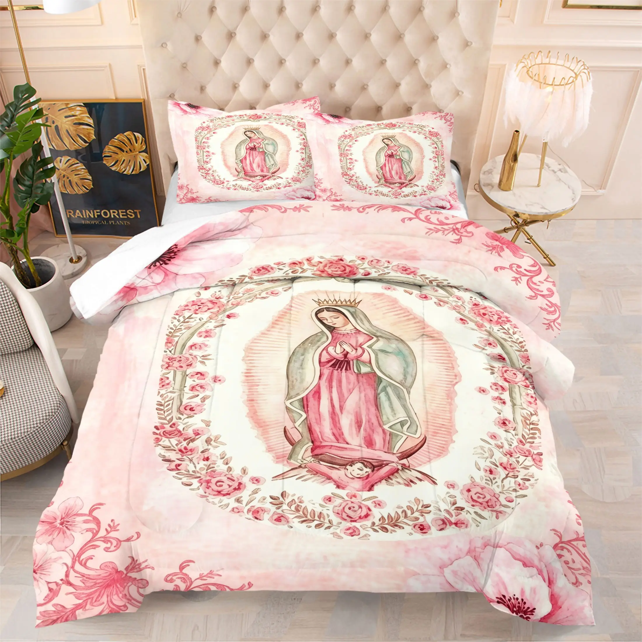 2/3Pcs Our Lady of Guadalupe Comforter Set, Pink Rose Butterfly Bow Print Quilt Bedding Set with Pillowcases, Devotional Catholic Bedding for Women Girls Believers, Blessed Faith Aesthetic Bedroom Prayer Room Decor Soft Quilt Set