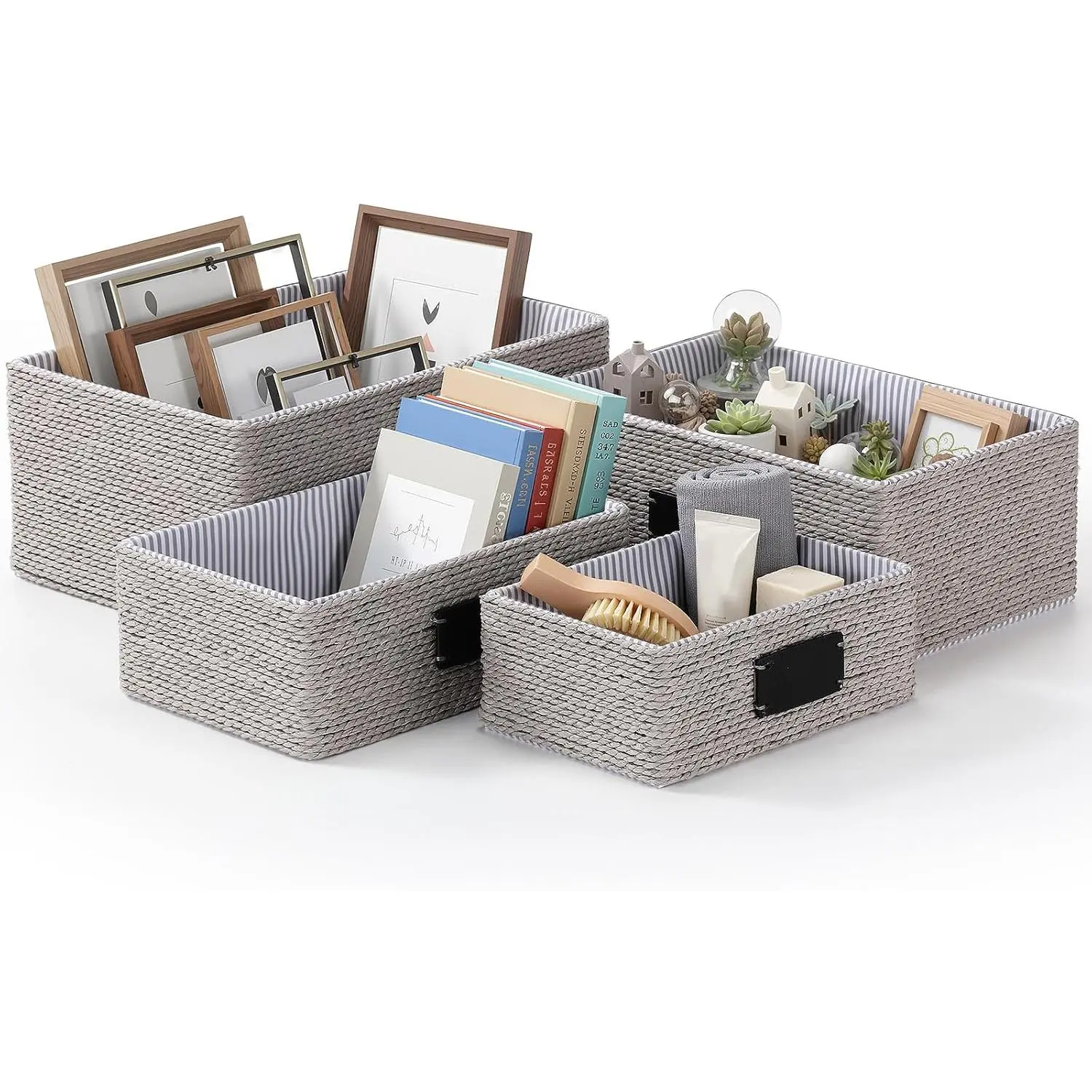 Boao 4 Pcs Woven Storage Baskets for Shelves Paper Rope Organizer Recycled Wicker Organizing Basket with Label Liner Large and Small Decorative Multifunctional Bins for Shelves Cupboards Drawer(Grey)