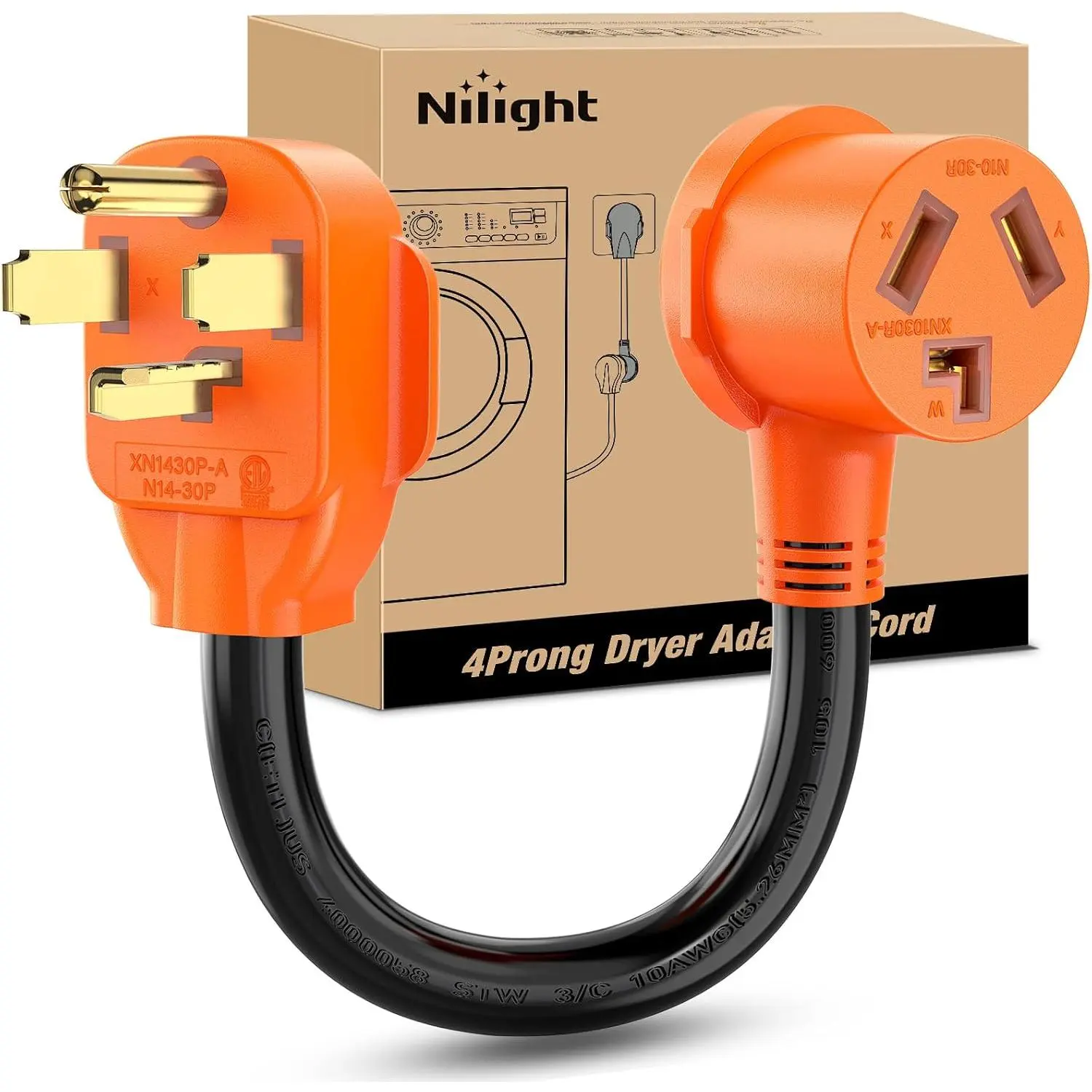 Nilight 30A 4-Prong NEMA 10-30R Female Dryer Adapter Extender Plug, 12in Flexible Wire, Durable Jacket, Heavy-Duty Pure Copper Build, Weather-Resistant, High Conductivity, Outlet Extender Plug, Pure Copper Products, 10-30P To 14-30R W/Ground Wire, 14-30P