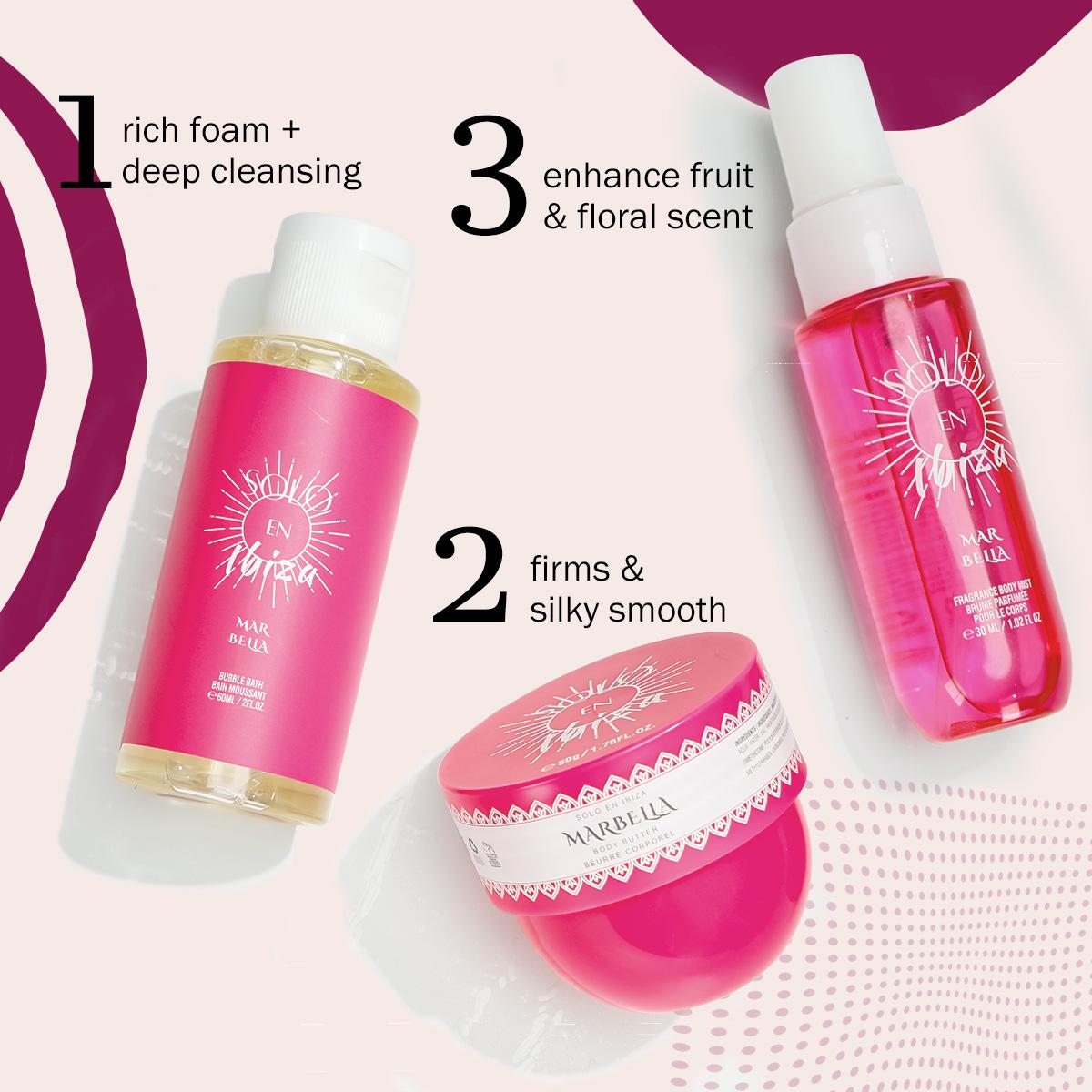 Solo En lbiza 3-Piece Set Body&Hair Fragrance Mist Perfume&Bubble Bath&Body Butter Travel Box For Men And Women, 4 Different Flavor Gift Box, Dating, Long-lasting Scent, Ideal For Dating, Daily Life, Parties, Gift Giving