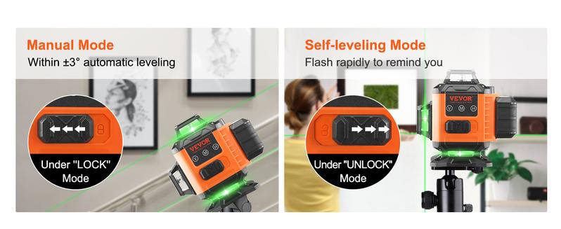 VEVOR Laser Level, TikTokShopBlackFriday, 100ft, Self Leveling Manual Green 4 x 360° Cross 16 Line Laser, IP54 Waterproof Remote Control Manual Self-leveling Mode & 5h Continuous Working Time Line Laser, Battery Include