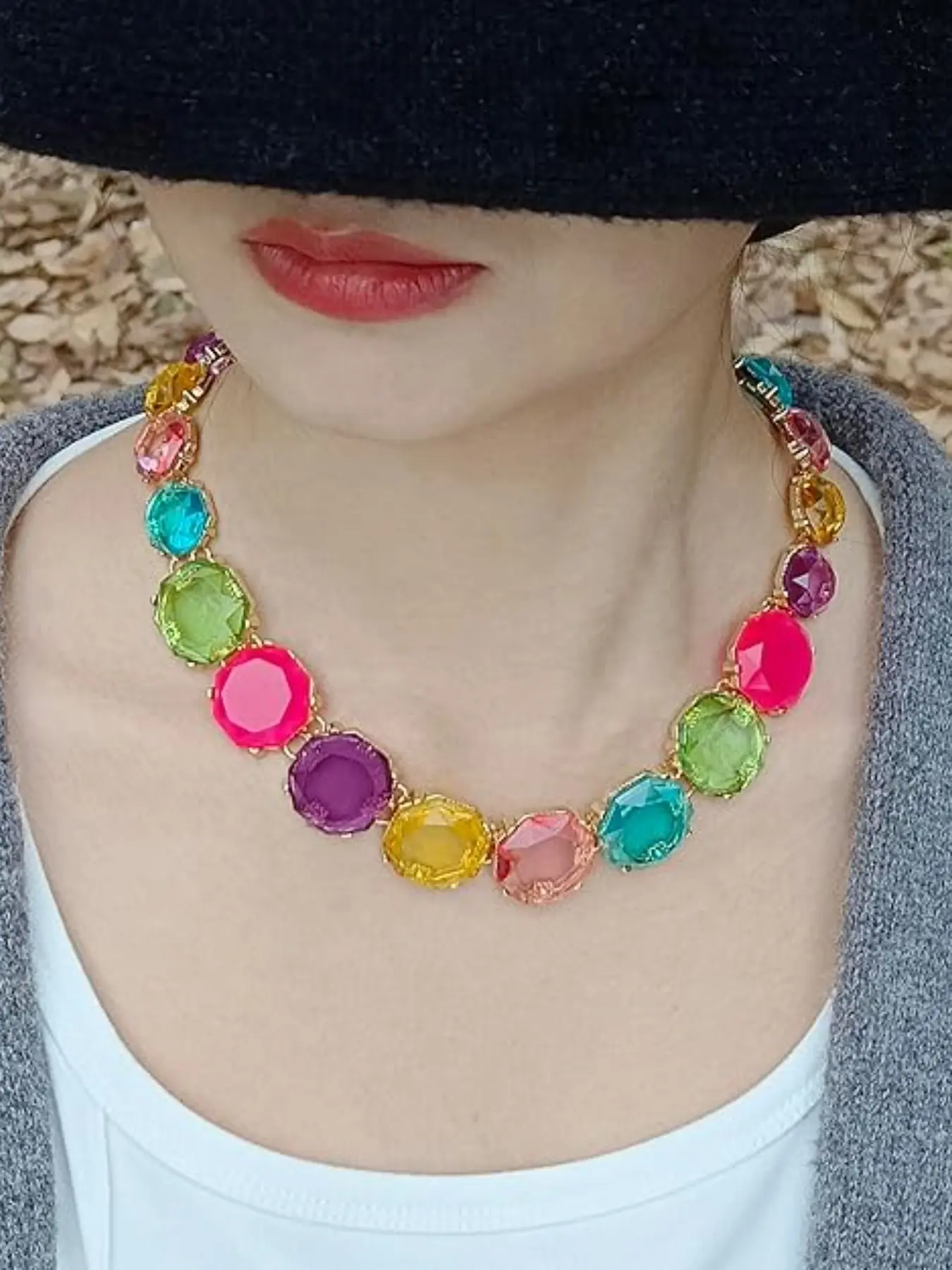 Colorful Octagonal Crystal Whimsical Necklace, Rainbow Candy Gemstone Ladies' Eye-Catching Pendant, Chain Fashion Jewelry