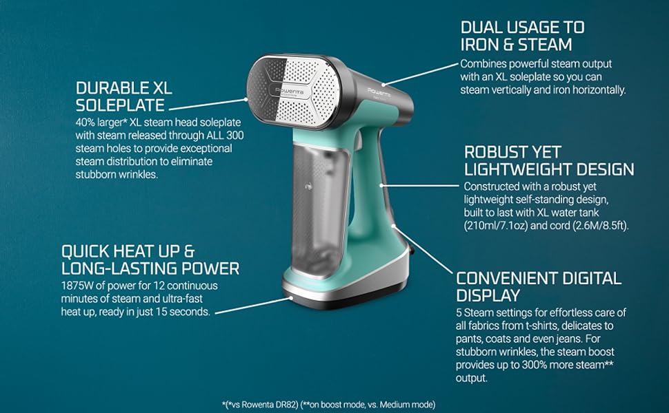 Rowenta Handheld Steamer for Clothes, Pure Force 2in1 Steamer & Iron, 1875W, Vertical/Horizonal Steaming & Ironing, Lightweight, Auto-off, XL power, 1875 Watts, DR8822