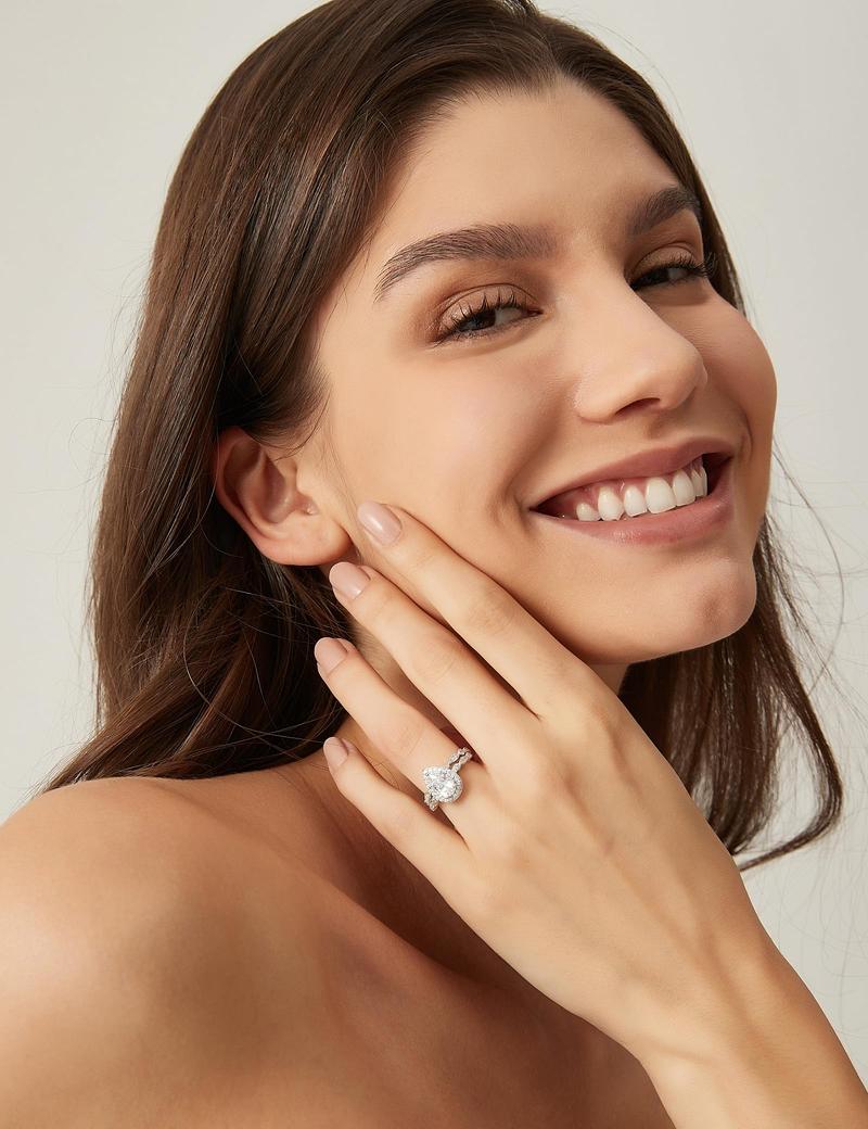 EAMTI 1.5CT 925 Sterling Silver Bridal Ring Sets Teardrop Cubic Zirconia Wedding Bands for Women