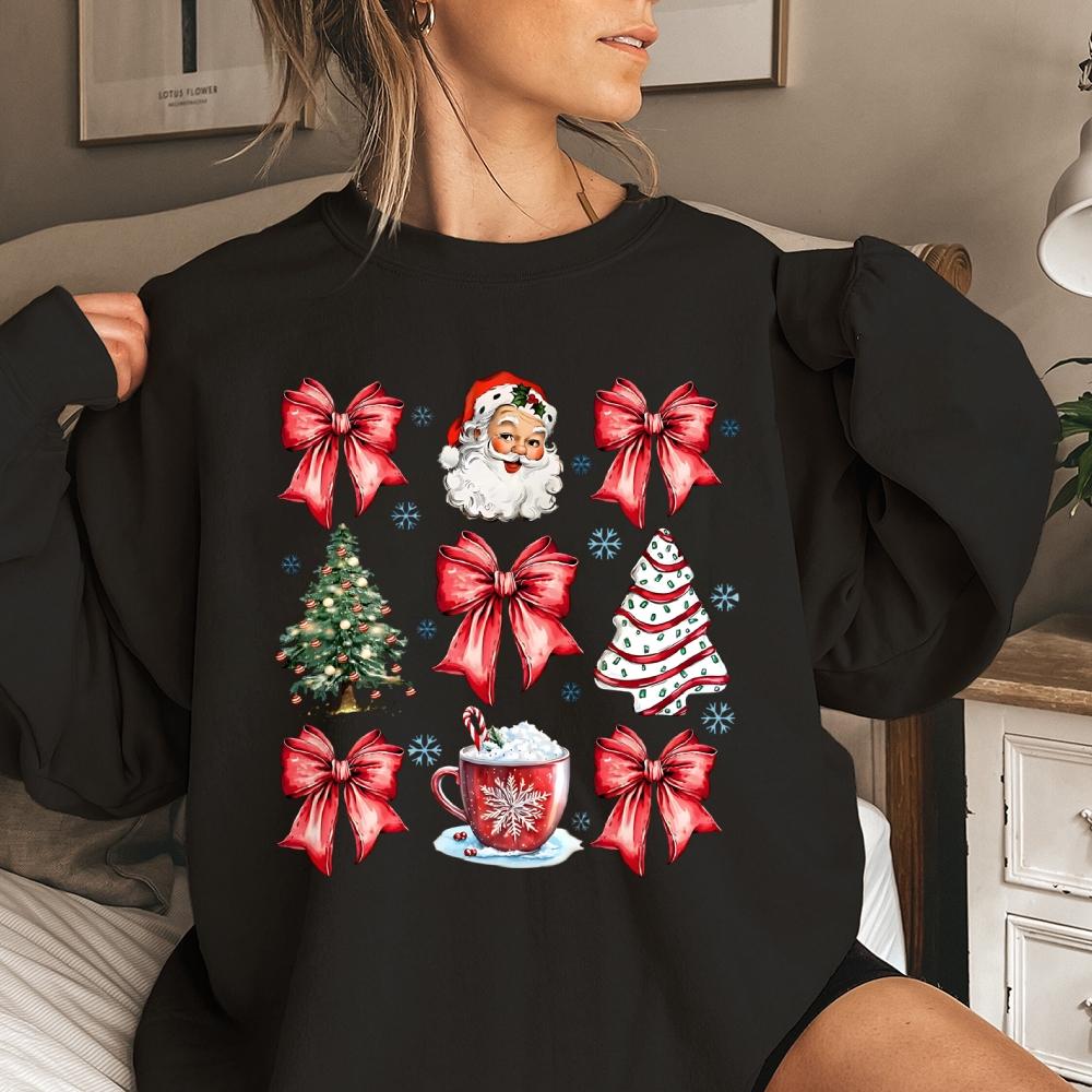 Christmas Coquette Bow Sweatshirts，Christmas Tree Cake Sweatshirts, Women's Sweatshirt Casual Print Long Sleeve Round Neck Pullover for Daily Wear, Ladies Clothing Fall & Winter Fashion Unisex Sweatshirts