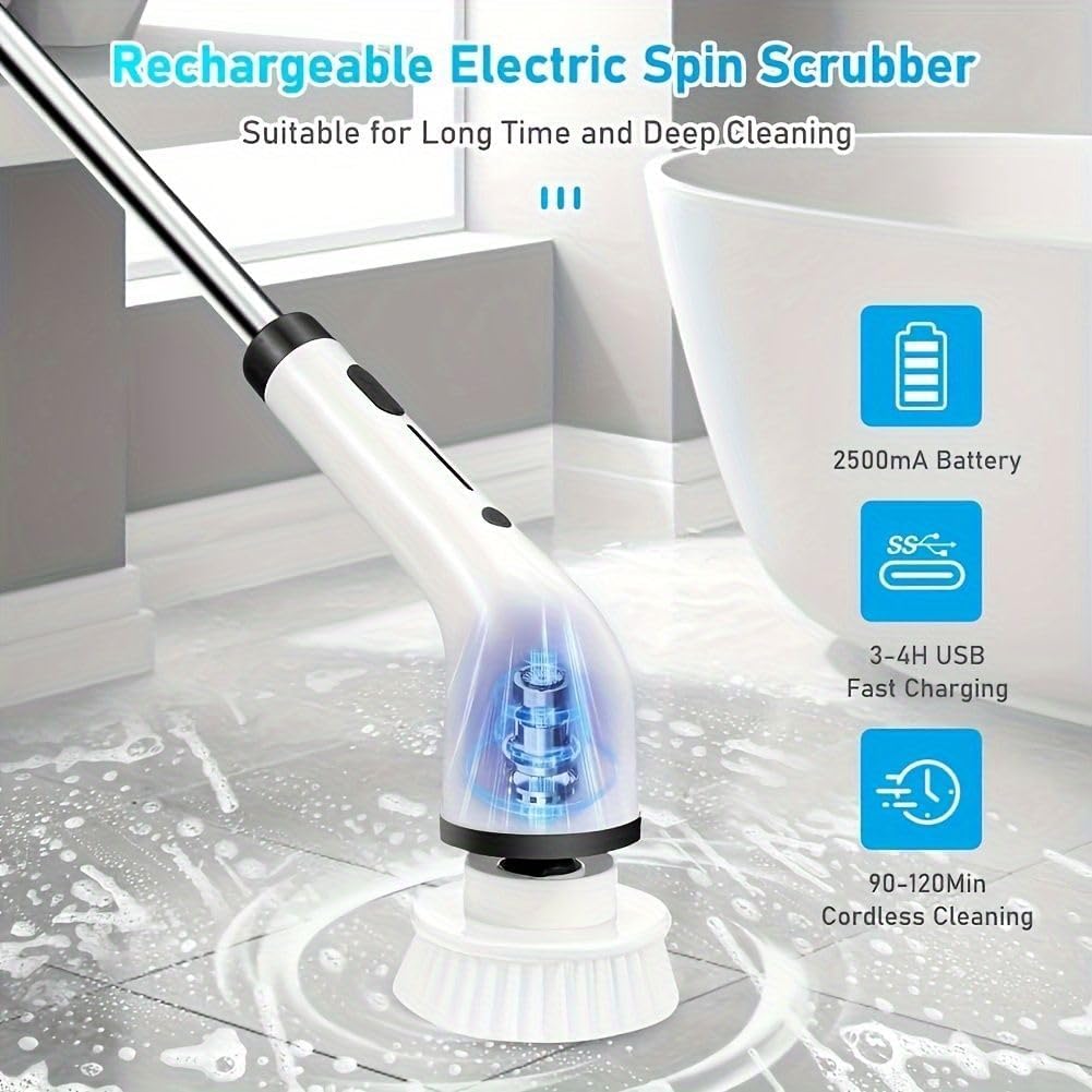 2026 New Model Electric Spin Scrubber Cordless IPX7 Waterproof Multi-Surface Cleaning Brush Long Battery Life Adjustable Speed Extendable Handle Multi-Purpose Kit for Bathroom Kitchen Durable Powerful-Multifunction shower scrubber tiktok shop deals