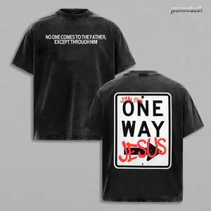One Way Jesus Christian Graphic Tee | Dark Washed Vintage Y2K Streetwear Shirt Crew Neck Tee