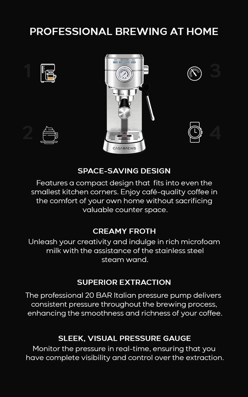 CASABREWS CM5418BC Espresso Machine with Milk Frother and Pressure Display 20 Bar Pressure, Compact Espressomachines, extract ground coffee perfectly