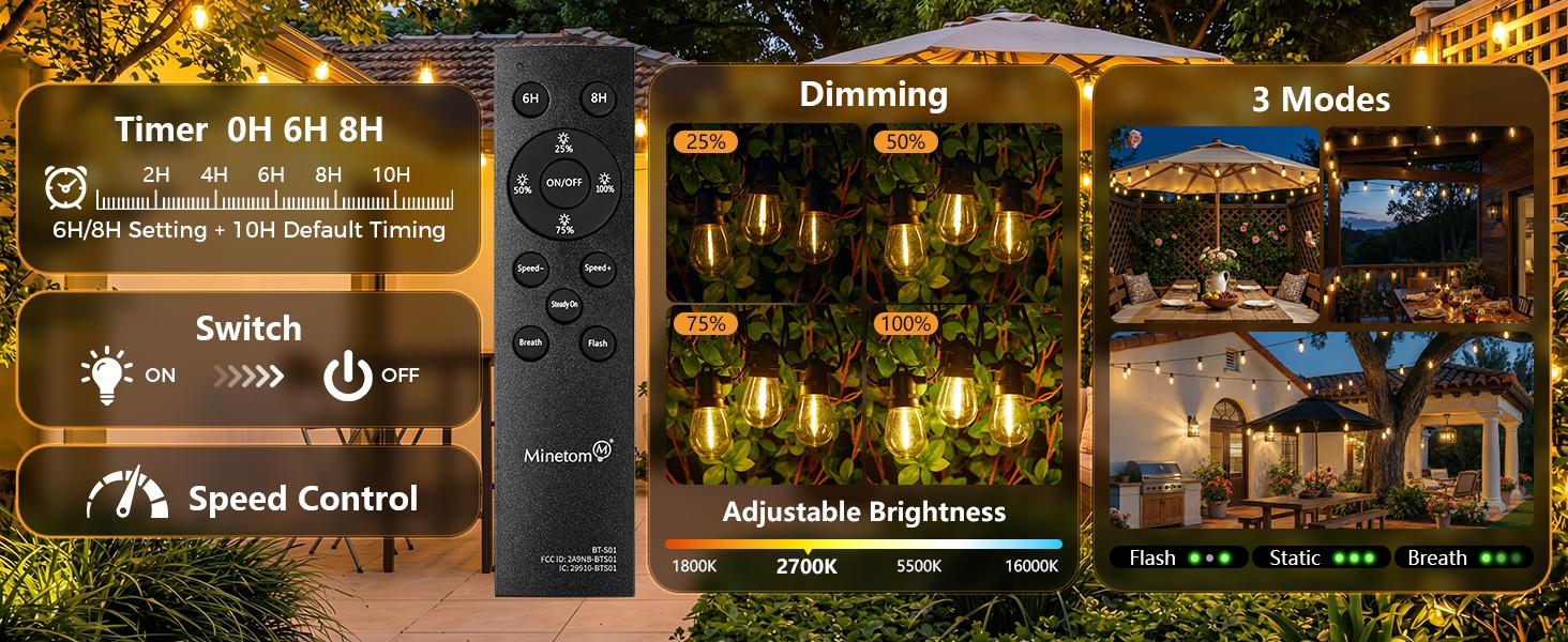 Minetom 100FT Solar String Lights Outdoor Waterproof, 31+2LED S14 Shatterproof Bulb, Patio Lights with Remote Type-C Port Timable, 3 Light Modes Dimmable Solar String Lights for Outside, Yard, Camping Minetom 100FT Solar String Lights Outdoor Waterproof, 31+2LED S14 Shatterproof Bulb, Patio Lights with Remote Type-C Port Timable, 3 Light Modes Dimmable Solar String Lights for Outside, Yard, Camping