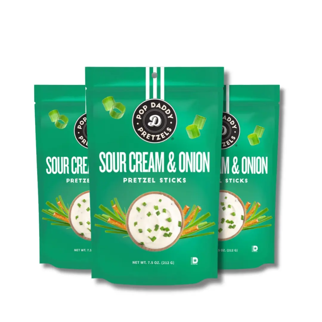 Pop Daddy Sour Cream & Onion Pretzels Sticks | Healthy Gourmet Pretzels Snacks | 7.5oz Individual Bags | 3 Pack