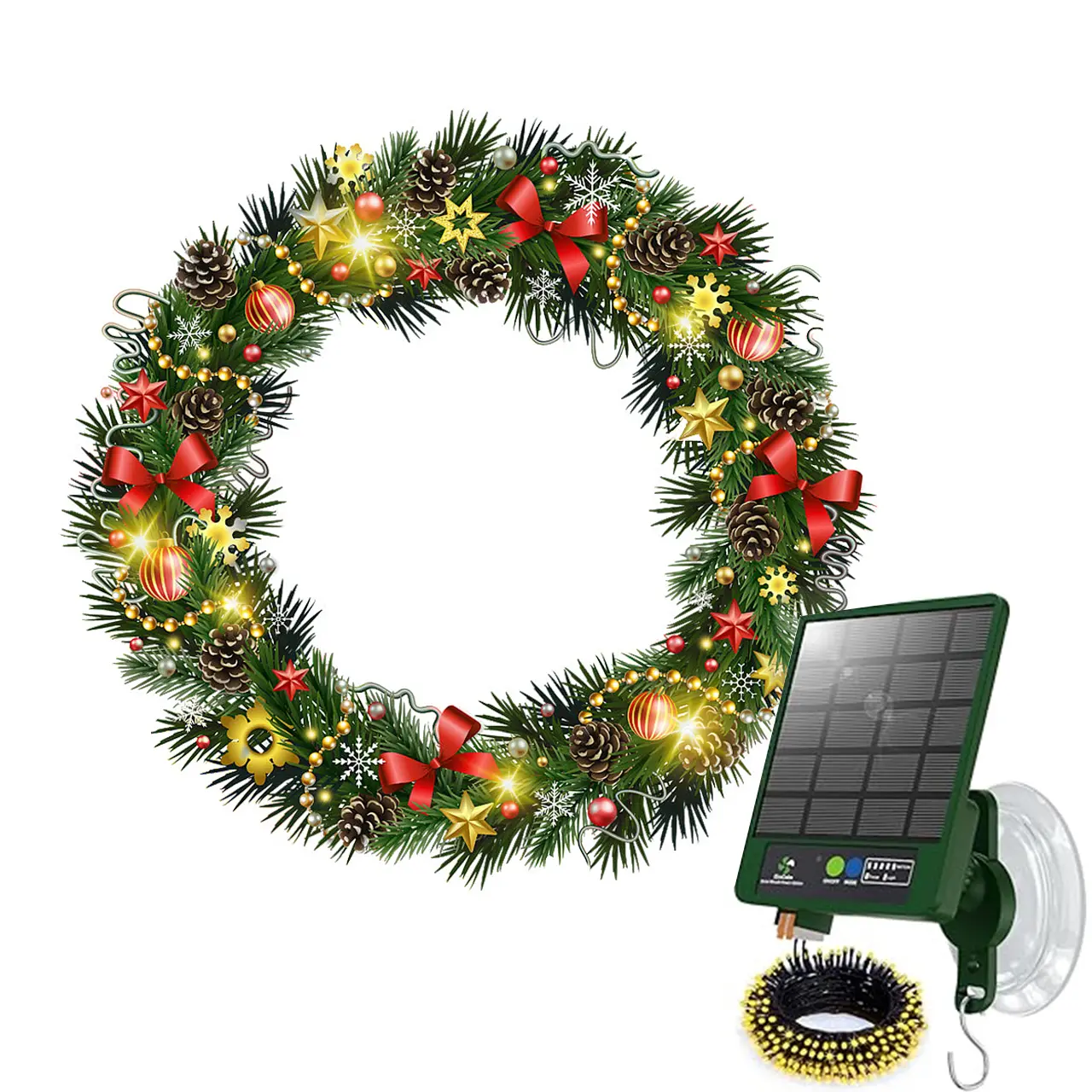 Solar Wreath with 150 LEDs, 36 inch Outdoor Christmas Wreath with 8 Lighting Modes, Available with Suction Cup Hooks or Compatible with Wreath Hanger Wall Hanging Ornament Patio Decoration