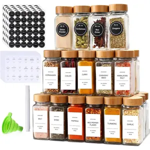 24/15 Pack Square Plastic Spice Jars | 5.4 Oz Airtight Containers with Labels & Pen | Kitchen Organization Set, Wood Grain Lids, Rustproof, Hand Wash