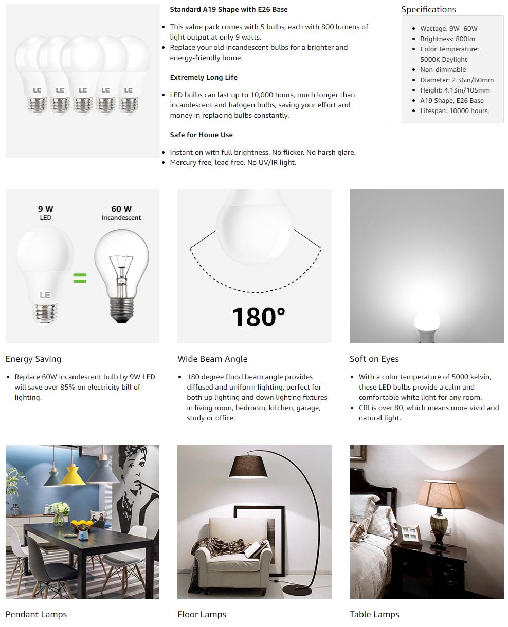 Lepro LED Light Bulbs 60 Watt Equivalent, 9W 800 Lumens Non-Dimmable, Daylight White 5000K, A19 E26 Standard Medium Base, 10000 Hour Lifetime