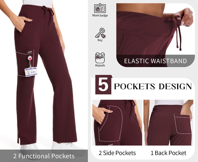 Women's Yoga Scrub Pants Flared Mid Rise Cargo Work Pants with 5 Pocket for Work,4-Way Stretch Fabric
