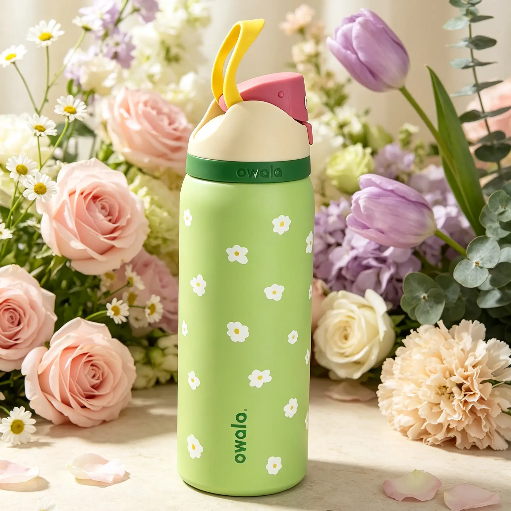 Owala FreeSip 32oz Insulated Water Bottle - Pastel Green Daisy Floral Print Stainless Steel Sports Tumbler with Dual-Sip Flip Lid, Leakproof Travel Cup, Ideal Gift for Girls