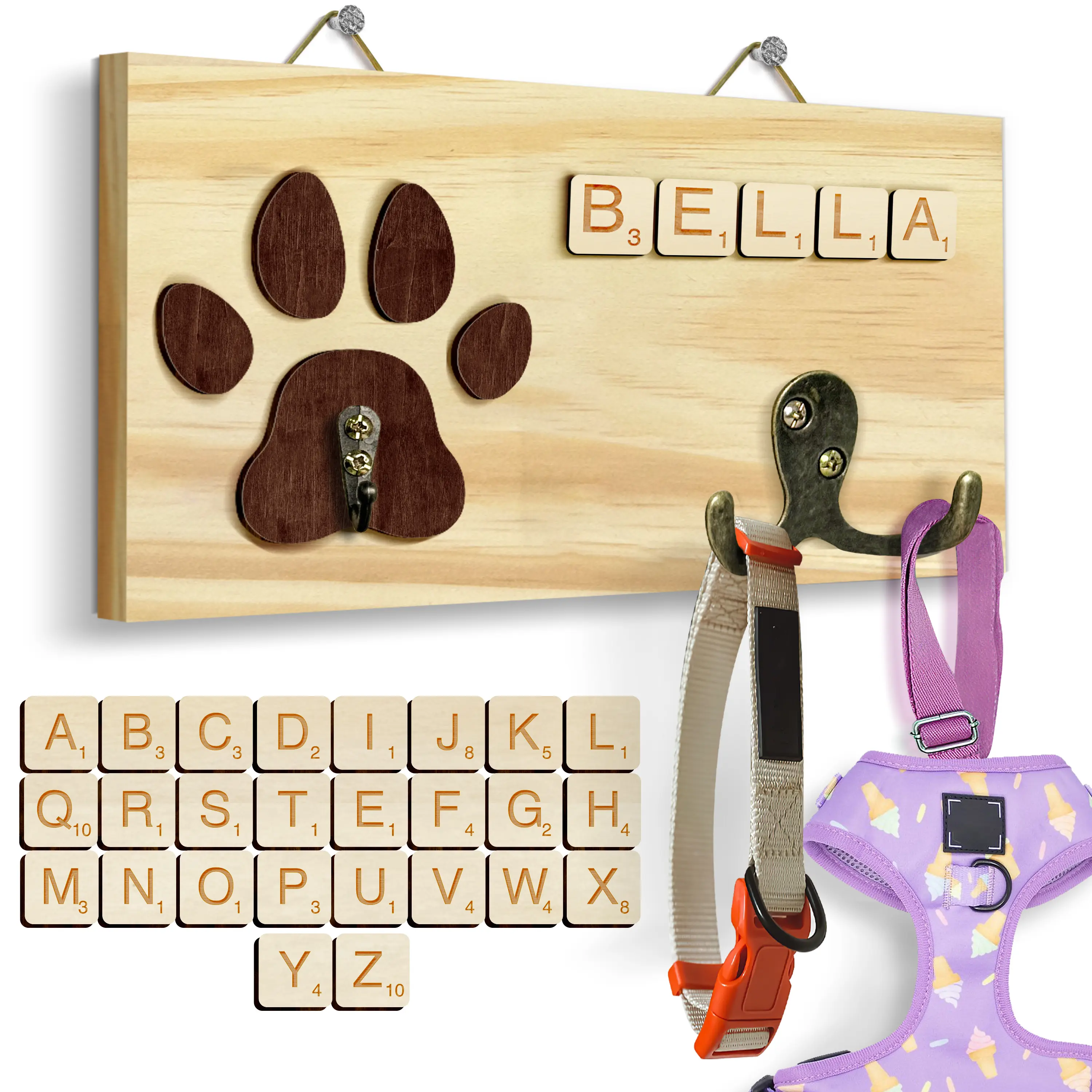 Personalize Wooden Dog Paw Print Hook with Name, Pet Leash Wall Hook, Custom Key Holder, Home Organizer Hook, Dog Collar Organizer for Entryway, Pet Lover Gift, Dog Accessories Rack