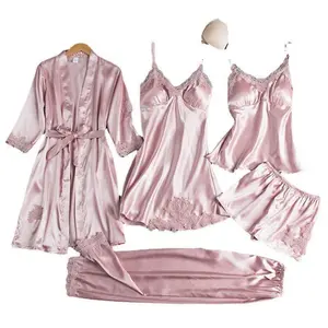 Women's Summer Ice Silk Sexy Homewear Spring and Autumn Long Sleeve Thin Plus Size Five-Piece Set Bathrobe Seductive Ice Silk Five-Piece Pajama Suit Satin Loungewear Nightwear Womenswear