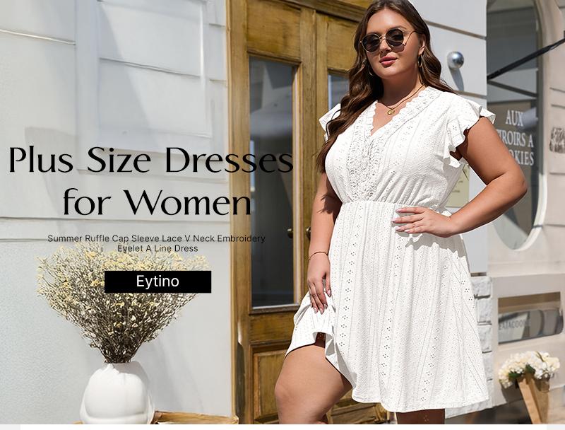 Eytino Plus Size Dresses for Women Summer Ruffle Cap Sleeve Lace V Neck Embroidery Eyelet A Line Dress(1X-5X)
